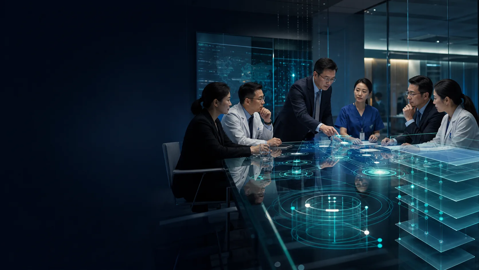 A transparent governance room with blue and steel-blue layers showing responsibility and evidence